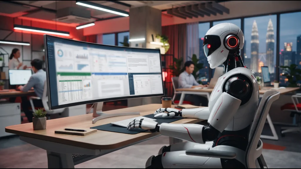 Hoost2u AI robot operating business web applications on a computer