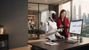 AI virtual staff robot working beside a Malaysian businesswoman in a Kuala Lumpur office