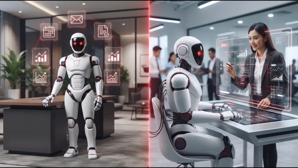 Ready-trained AI staff beside a consultant customising a custom AI assistant